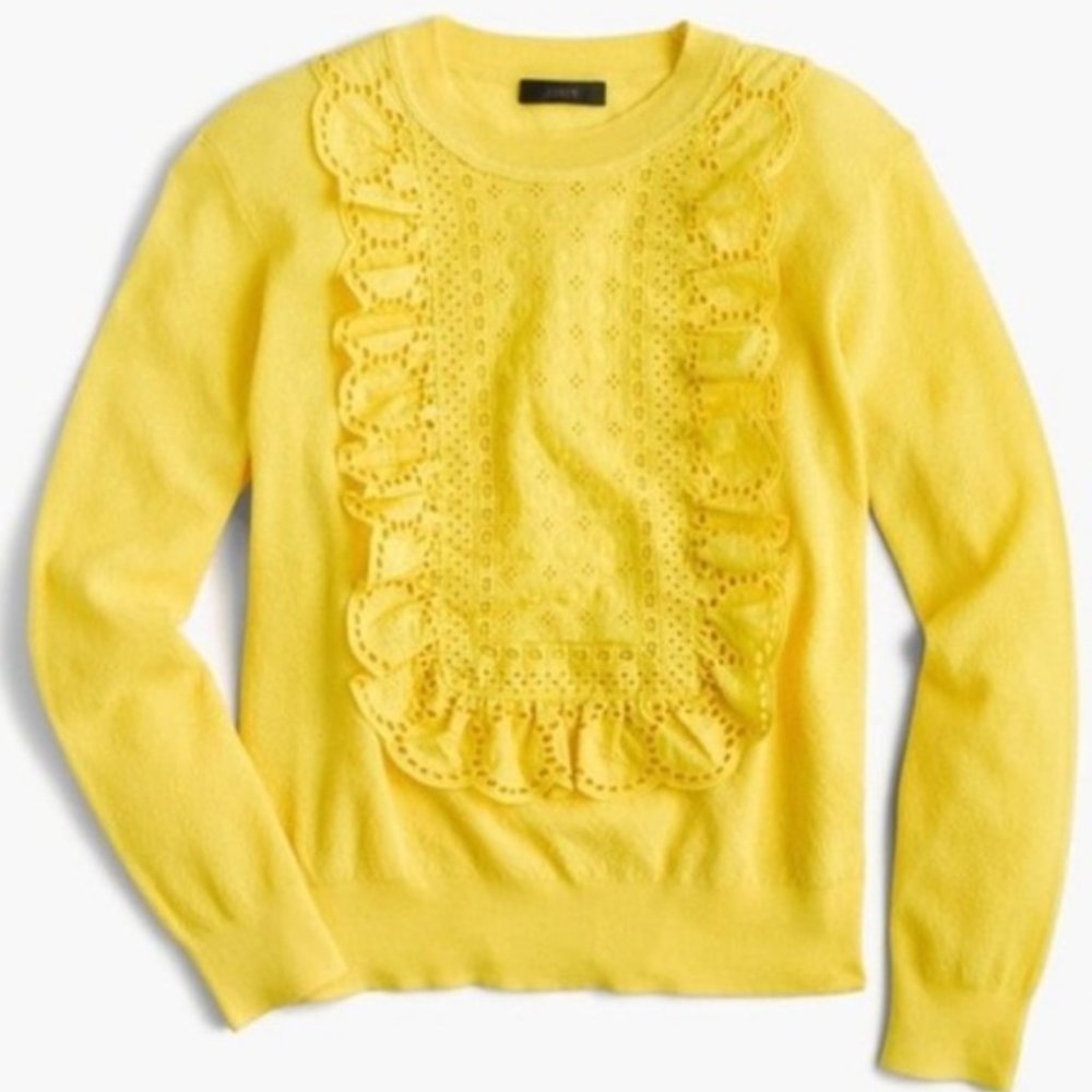 Like New J.Crew Ruffle Eyelet Bib Sweater in Citrus Yellow Size Small